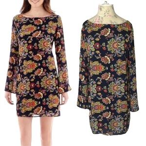 Renn Paisley shift dress with Bell sleeves, Mini, Blue, BOHO, Size Large